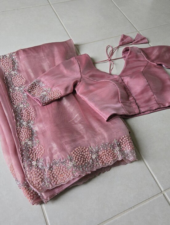 Other - 3 Pc Ready to Wear M Modern Soft Organza Saree Shiny Pink Stitched Blouse